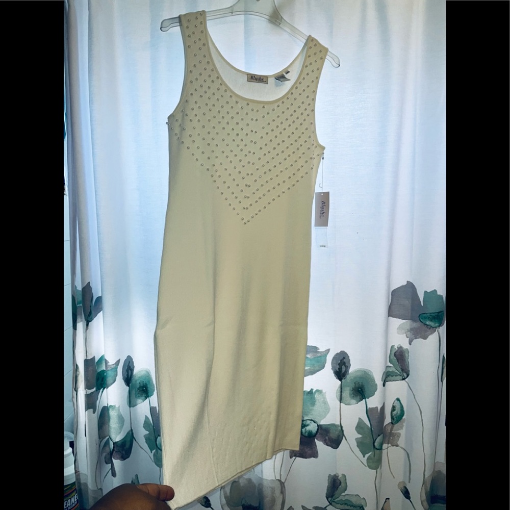 Blushe by Spiegel Dress Ivory White Beaded Knit Sleeveless Cocktail Sz M -NWT